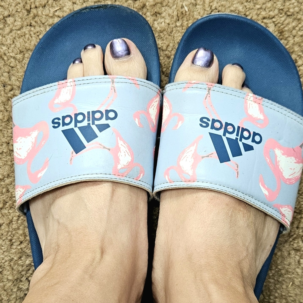 Adidas Blue and Pink Flamingo Slides